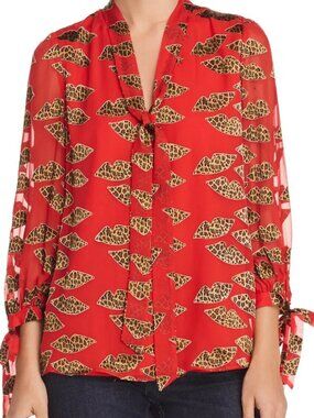 Alice + Olivia x Donald Robertson Sheila Leopard Lip Print Blouse, Size Small